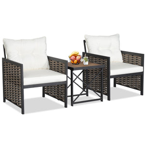 3 Pieces Patio Rattan Furniture Set with Acacia Wood Tabletop-White view 7