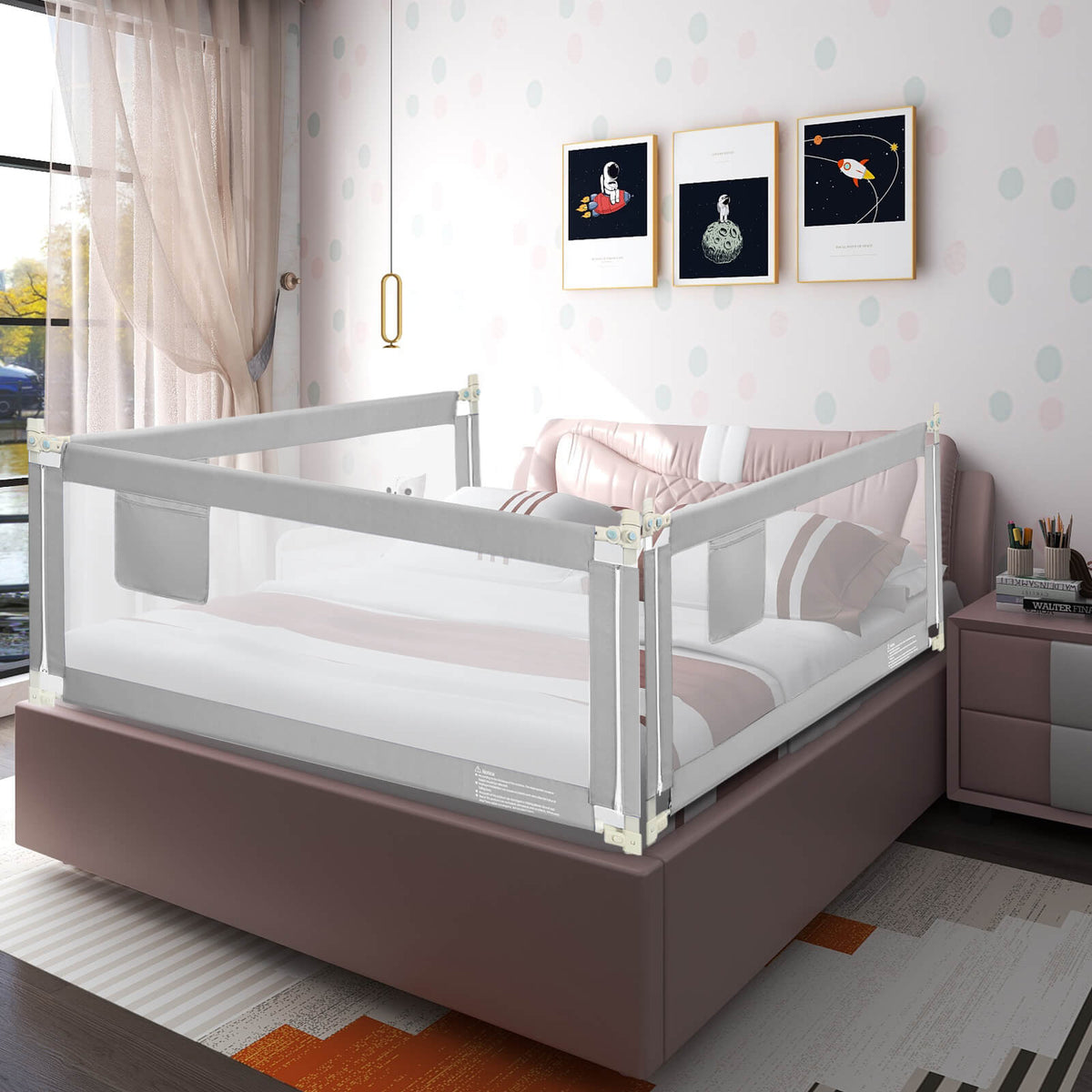 76.8 Inch Baby Bed Rail with Double Safety Child Lock-Gray view 2