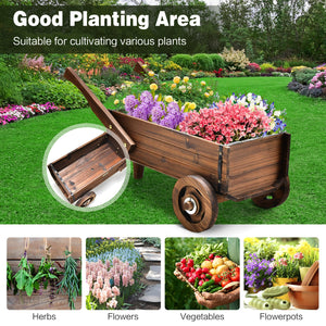 Wooden Wagon Planter Box with Wheels Handles and Drainage Hole-Rustic Brown view 6