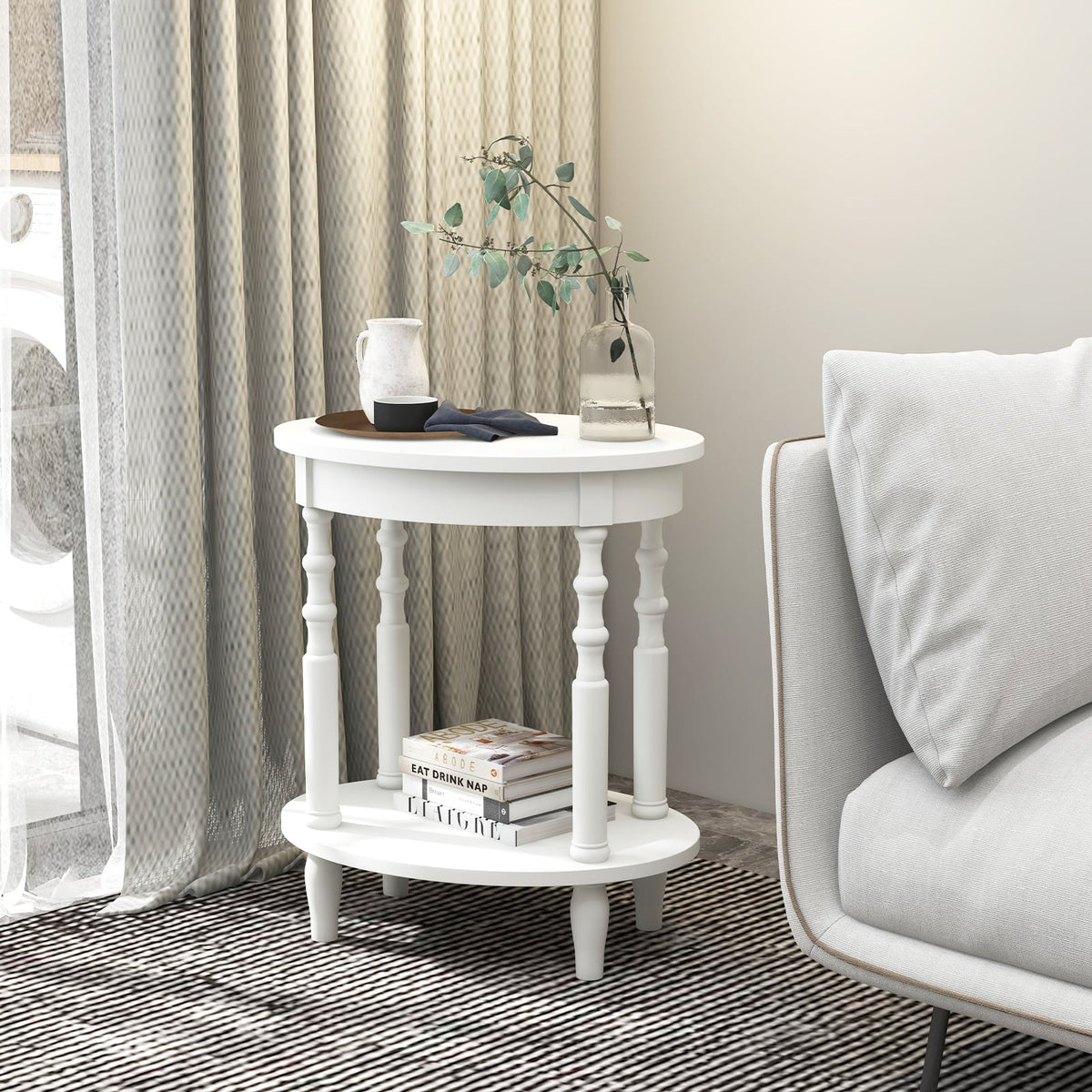 2-Tier Oval Side Table with Storage Shelf and Solid Wood Legs-White view 2