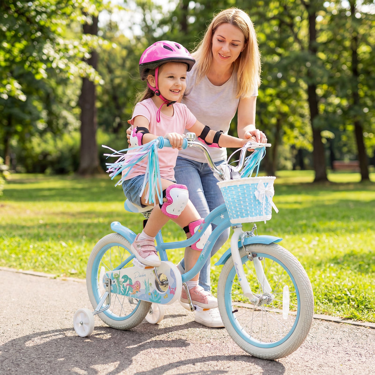 16 Inch Kids Bike Adjustable with Basket and Streamers Blue for Kids Aged 4-7 Years Old - Princess of the Sea Theme view 2