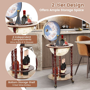 17 Inch Italian Style Design Wooden Globe Liquor Bottle Wine Rack with Wheels view 3