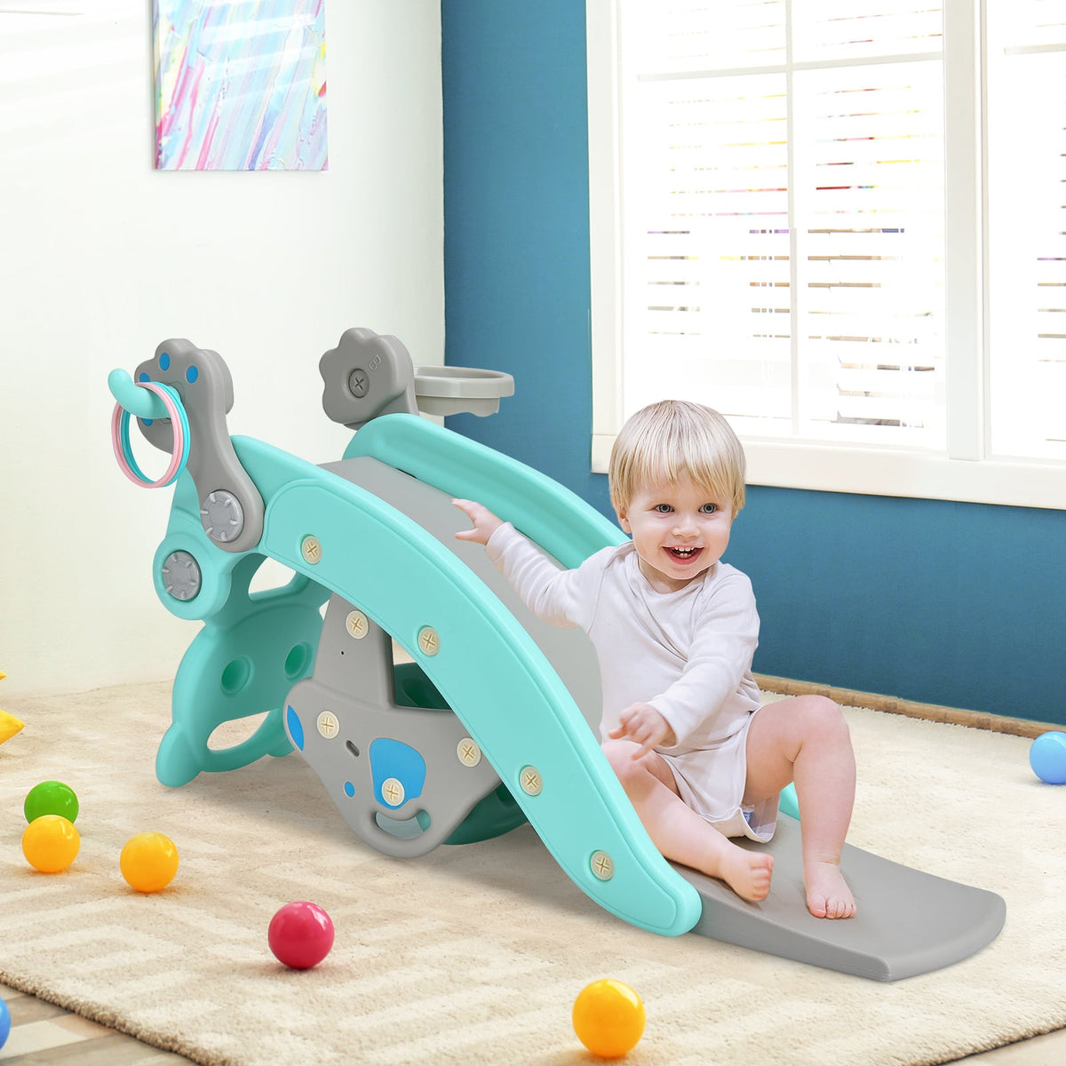 4-in-1 Toddler Slide and Rocking Horse Playset with Basketball Hoop-Blue view 2