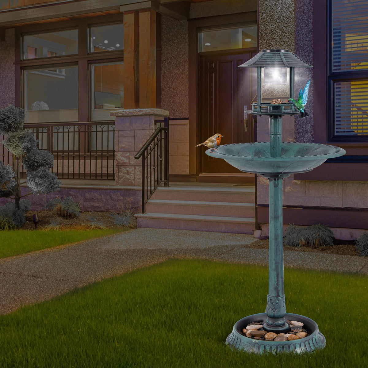 Pedestal Bird Bath with Solar Light with Bird Feeder and Flower Planter-Green view 2