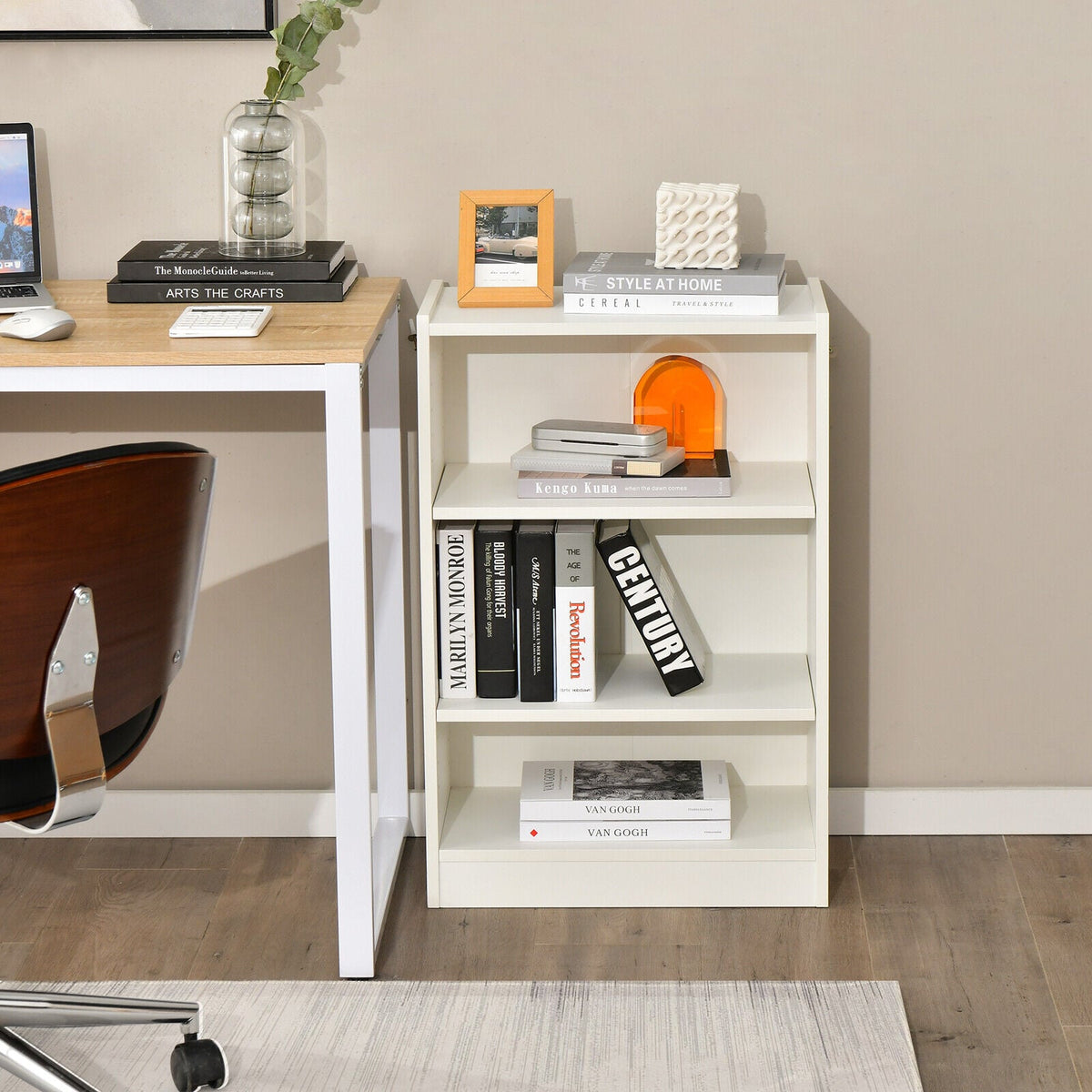 3-Tier Bookcase Open Display Rack Cabinet with Adjustable Shelves-White view 2