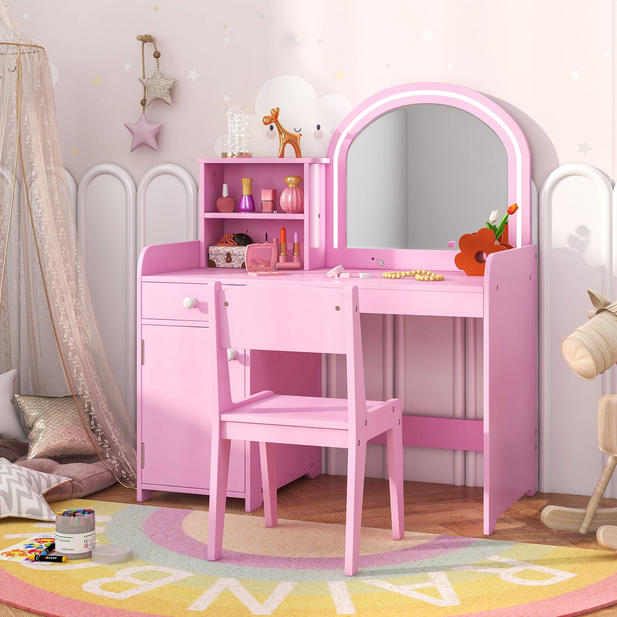 Kids Vanity Table and Chair Set with Shelves Drawer and Cabinet-Pink view 2