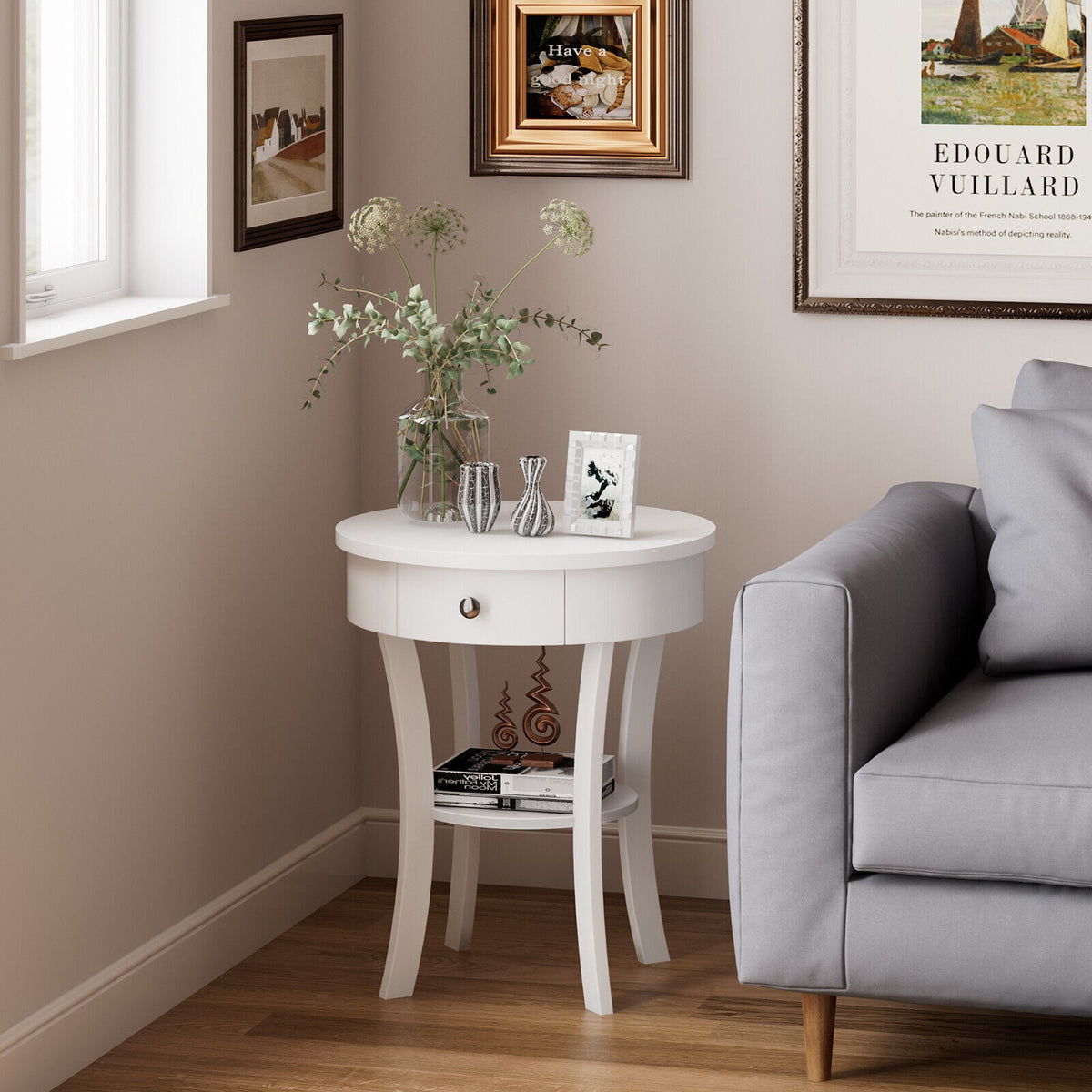 2-Tier Wood Round End Table with Open Drawer-White view 2