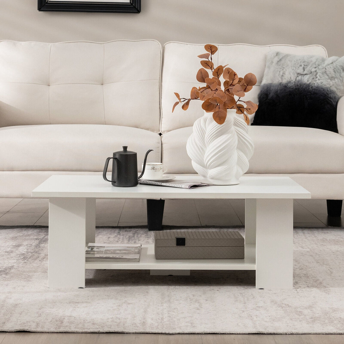 Large 36 Inch 2-tier Wooden Modern Coffee Table with Storage Shelf view 2