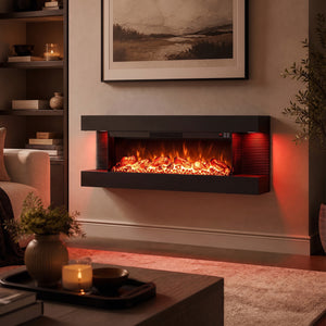 3-Sided Black Wall Mount Electric WiFi Fireplace with Floating Mantel and 12 Flame Ambient-50 Inches view 2