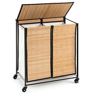18.5 Gal Laundry hamper with Lid 2-Section with 2 Lockable Wheels-Natural