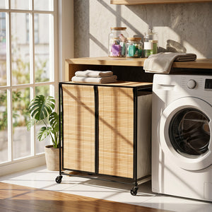 18.5 Gal Laundry hamper with Lid 2-Section with 2 Lockable Wheels-Natural view 2