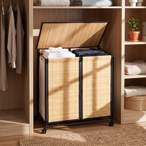 18.5 Gal Laundry hamper with Lid 2-Section with 2 Lockable Wheels-Natural view 3