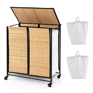 18.5 Gal Laundry hamper with Lid 2-Section with 2 Lockable Wheels-Natural view 4