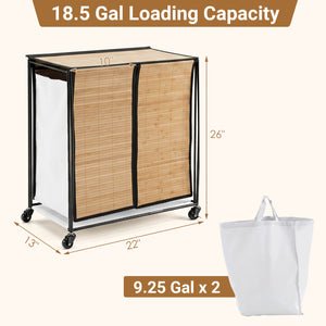 18.5 Gal Laundry hamper with Lid 2-Section with 2 Lockable Wheels-Natural view 5