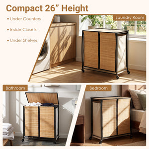 18.5 Gal Laundry hamper with Lid 2-Section with 2 Lockable Wheels-Natural view 6