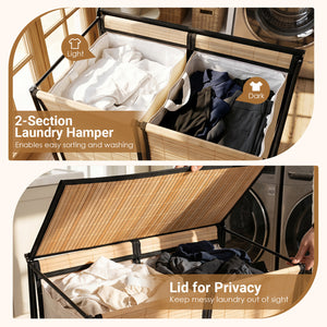 18.5 Gal Laundry hamper with Lid 2-Section with 2 Lockable Wheels-Natural view 7