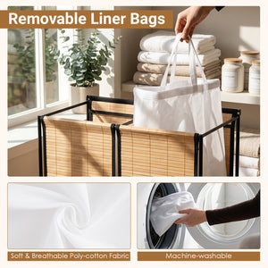 18.5 Gal Laundry hamper with Lid 2-Section with 2 Lockable Wheels-Natural view 8