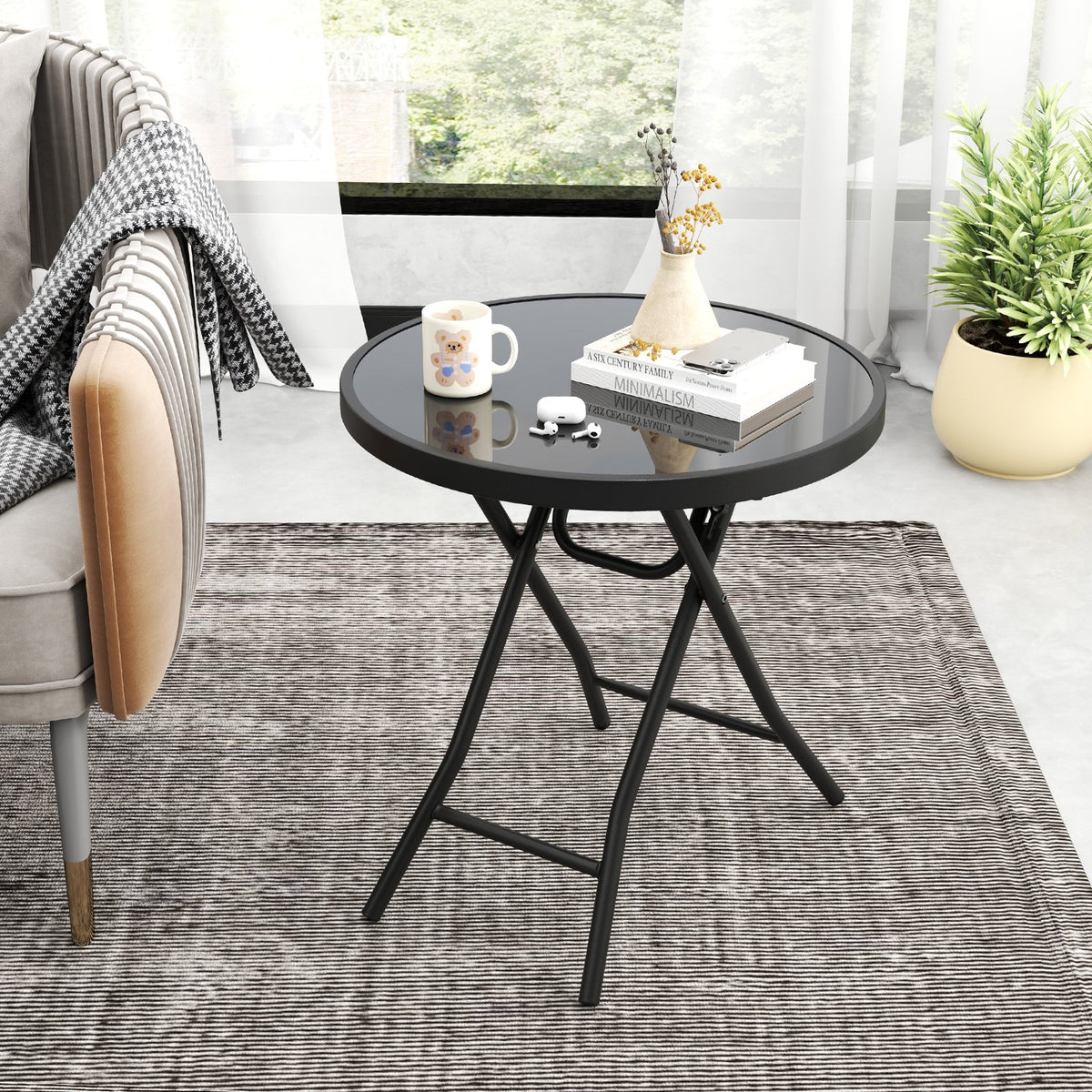 18 Inch Folding Side Table Patio Round Compact Coffee Table-Black view 2