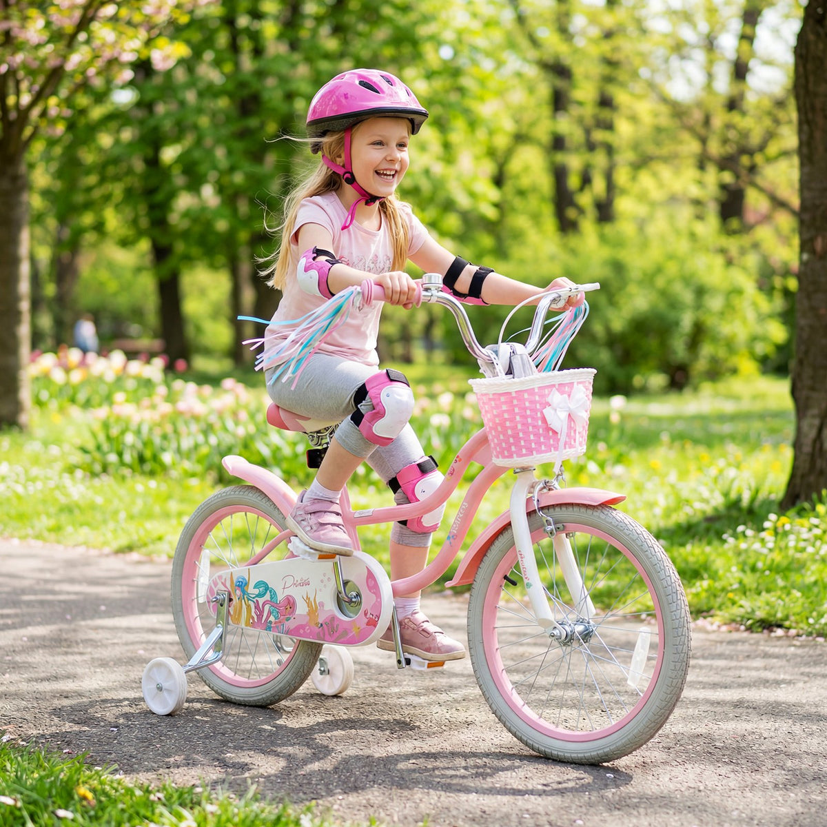 18-Inch Kids Bike Adjustable with Basket and Streamers Pink - Princess of the Sea Theme view 2