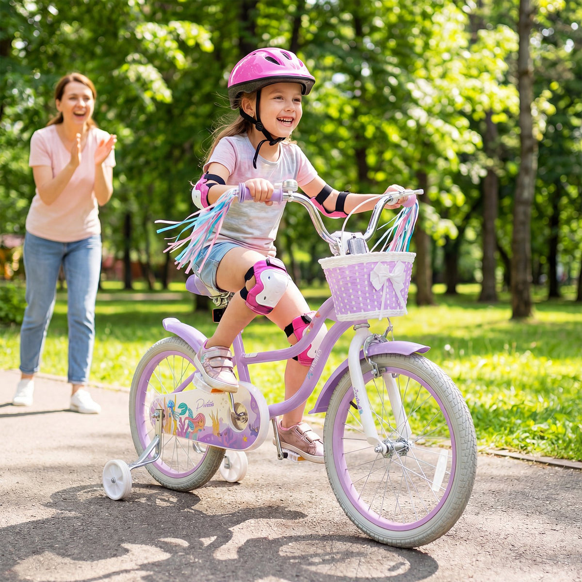 18-Inch Kids Bike Adjustable with Basket and Streamers Purple - Princess of the Sea Theme view 2