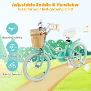 18-Inch Kids Bike with Training Wheels and Adjustable Handlebar Seat-Green view 6