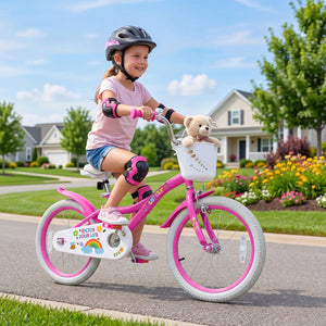 18 Inches Girls Bike for 4-8 Years Old with Basket - Spring Party, Pink view 2