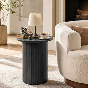 18 inches Round Fluted Side Table with Pedestal Drum Design and Non-Slip Foot Pads for Small Spaces-Black view 6