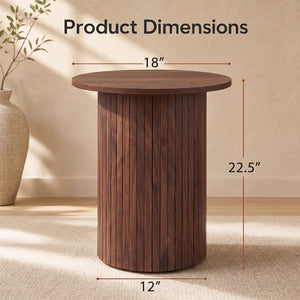 18 inches Round Fluted Side Table with Pedestal Drum Design and Non-Slip Foot Pads for Small Spaces-Walnut view 5