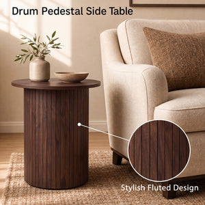 18 inches Round Fluted Side Table with Pedestal Drum Design and Non-Slip Foot Pads for Small Spaces-Walnut view 8
