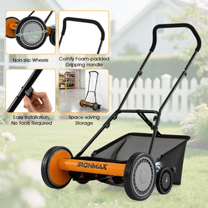 18 Inch Push Reel Lawn Mower 4-Position Adjustable with Removable Grass Catcher-Orange view 9