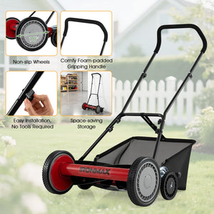 18 Inch Push Reel Lawn Mower 4-Position Adjustable with Removable Grass Catcher-Red view 9