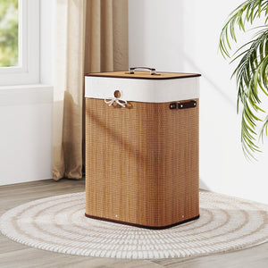 19 Gal Rectangle Laundry Basket Bamboo Clothes Hamper with Handles and Lid-Yellow view 2