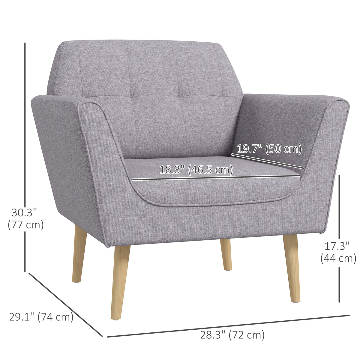 Upholstered Armchair, Modern Accent Chair with Tufted Pattern, Rubber Wood Legs for Living Room, Bedroom, Grey