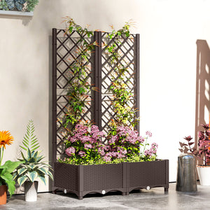 Raised Garden Bed with Trellis, Plastic Raised Flower Bed with Drainage Holes and Drain Plugs