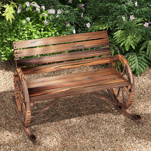 Rocking Outdoor Bench, Wood Outdoor Loveseat with Wagon Wheel Armrests, Carbonized