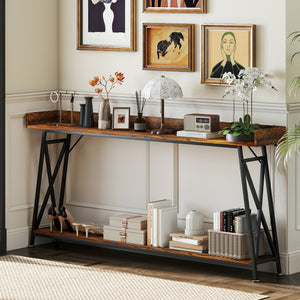 71" Extra Long Console Table with Storage Shelf and Guardrails, Industrial Entryway Table for Living Room, Rustic Brown