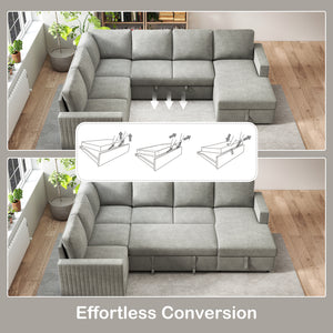 Pull Out Sofa Bed, Sleeper Sofa Couch with Hidden Storage, Chaise Lounge, Velvet Upholstery, U-Shaped Futon Couch