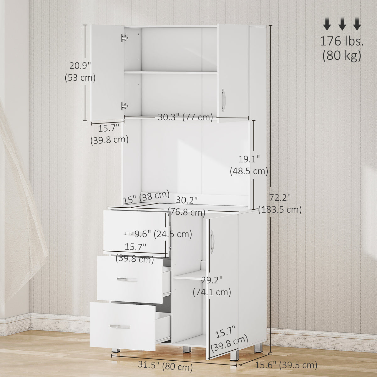Freestanding Kitchen Buffet with Hutch Storage Organizer with 2 Door Cabinets, 3 Drawers and Open Countertop, Adjustable Shelf for Dining Room Pantry, White