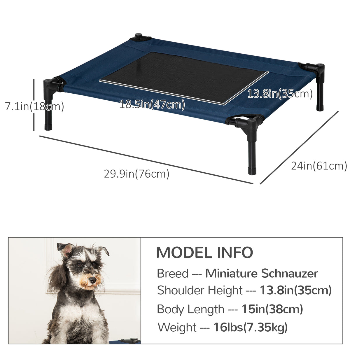 Elevated Dog Bed, Raised Dog Cot for M Sized Dogs, Indoor & Outdoor, 30" x 24" x 7", Blue – view 2