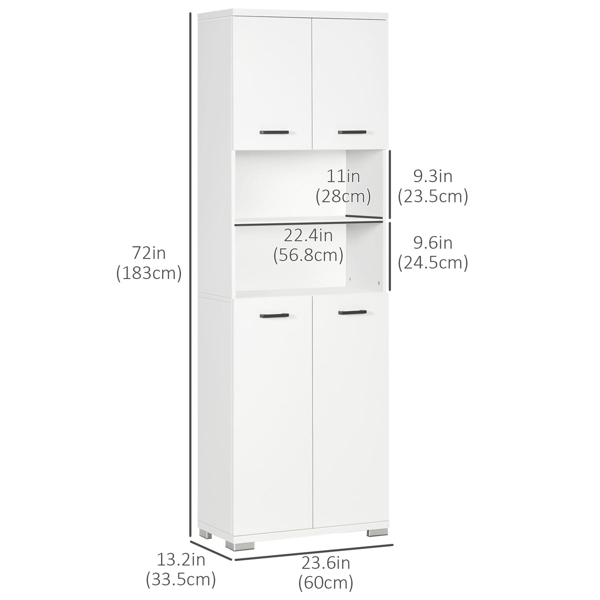 Bathroom Cabinet, Freestanding Linen Cabinet with Open Shelves and Cupboards, 23.6"x13.2"x72", White