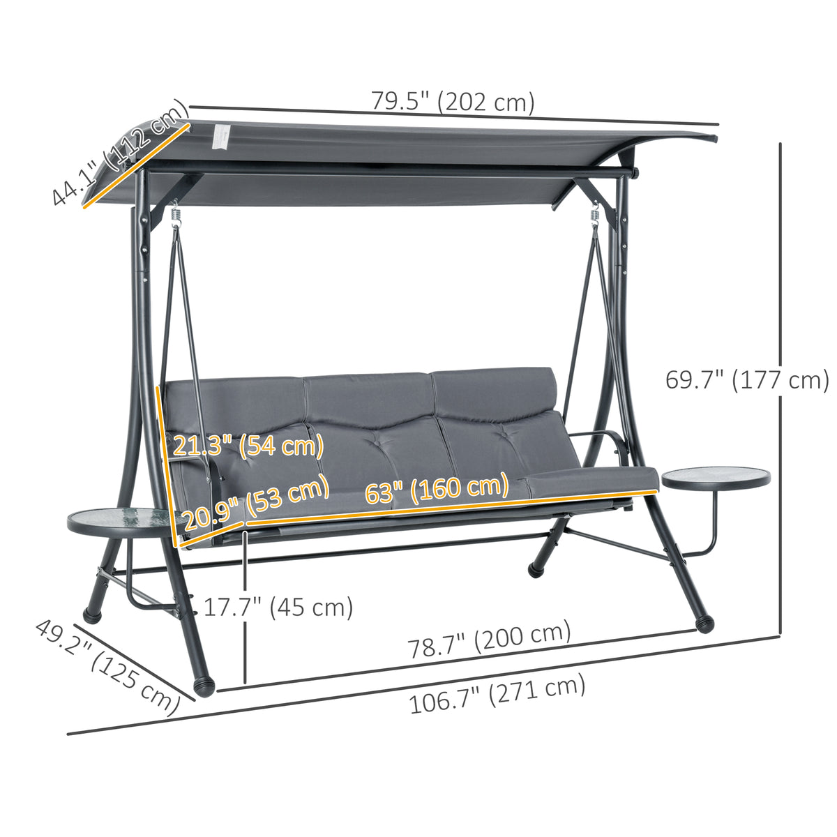 3 Seat Outdoor Swing Chair Steel Swing Bench Porch Swing With Adjustable Canopy – view 2