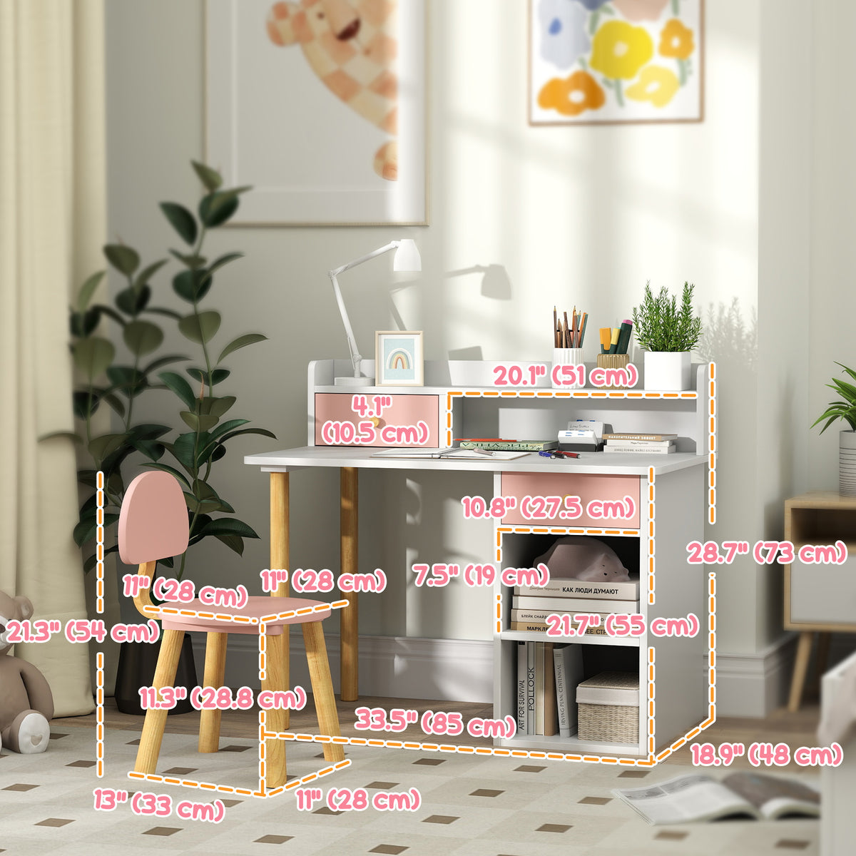 Qaba Kids Study Table and Chair Set, Kids Desk and Chair Set w/ Storage and Shelves, for 3-8 Year Old, Pink