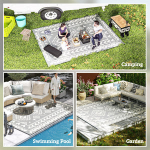 9' x 12' Outdoor RV Rug, Reversible Patio Floor Mat with Carry Bag, Rhombus Patchwork, Grey and White