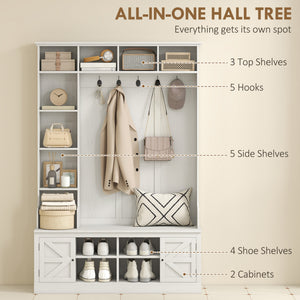 Hall Tree with Bench and Shoe Storage, Entryway Bench with Coat Rack, 12 Shelves, 2 Cabinets, 5 Hooks, White Wood Grain