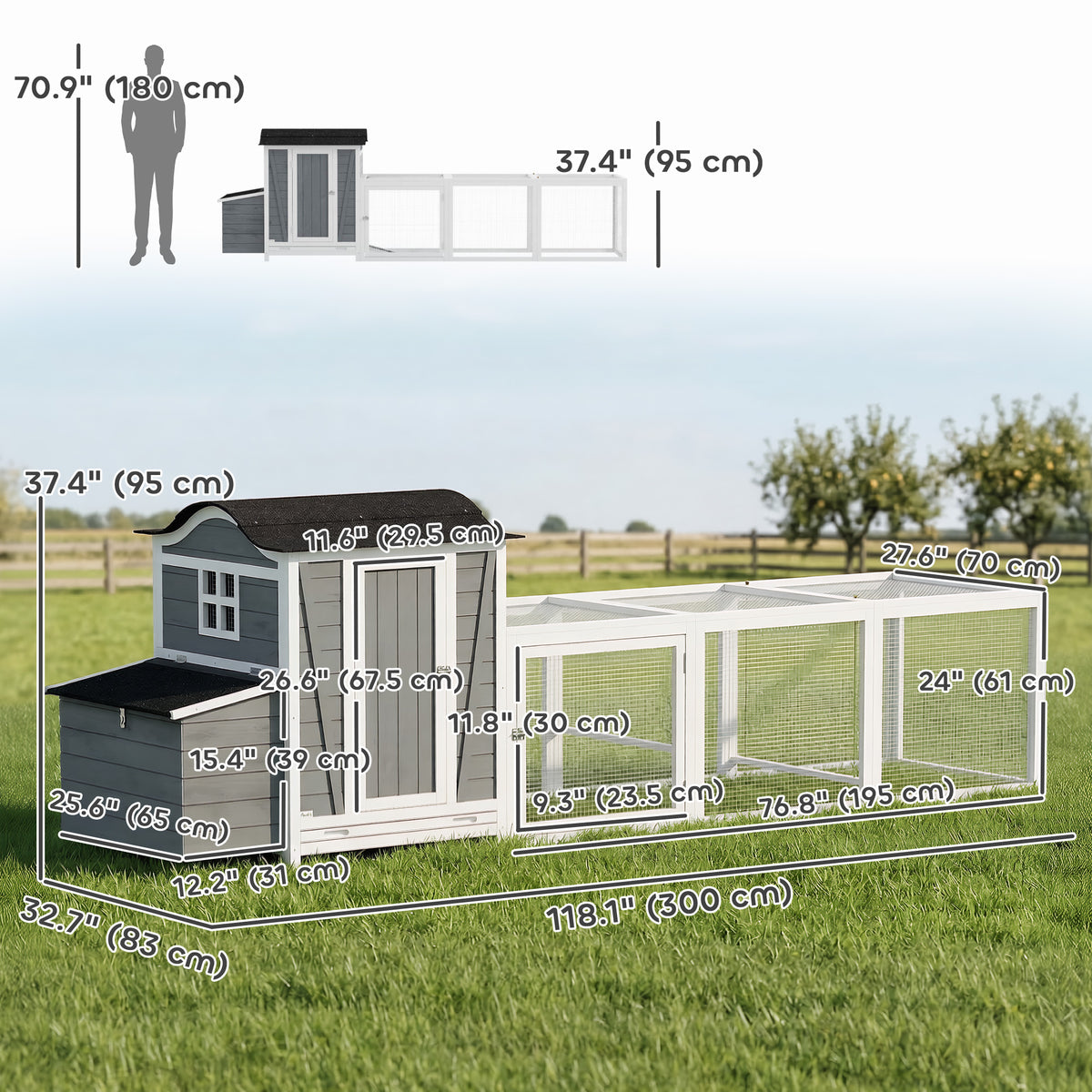 118"L Chicken Coop, Large Wooden Hen House with Run, Pull-Out Tray, Waterproof Roof, Nesting Box, Swing, Roosting Bars