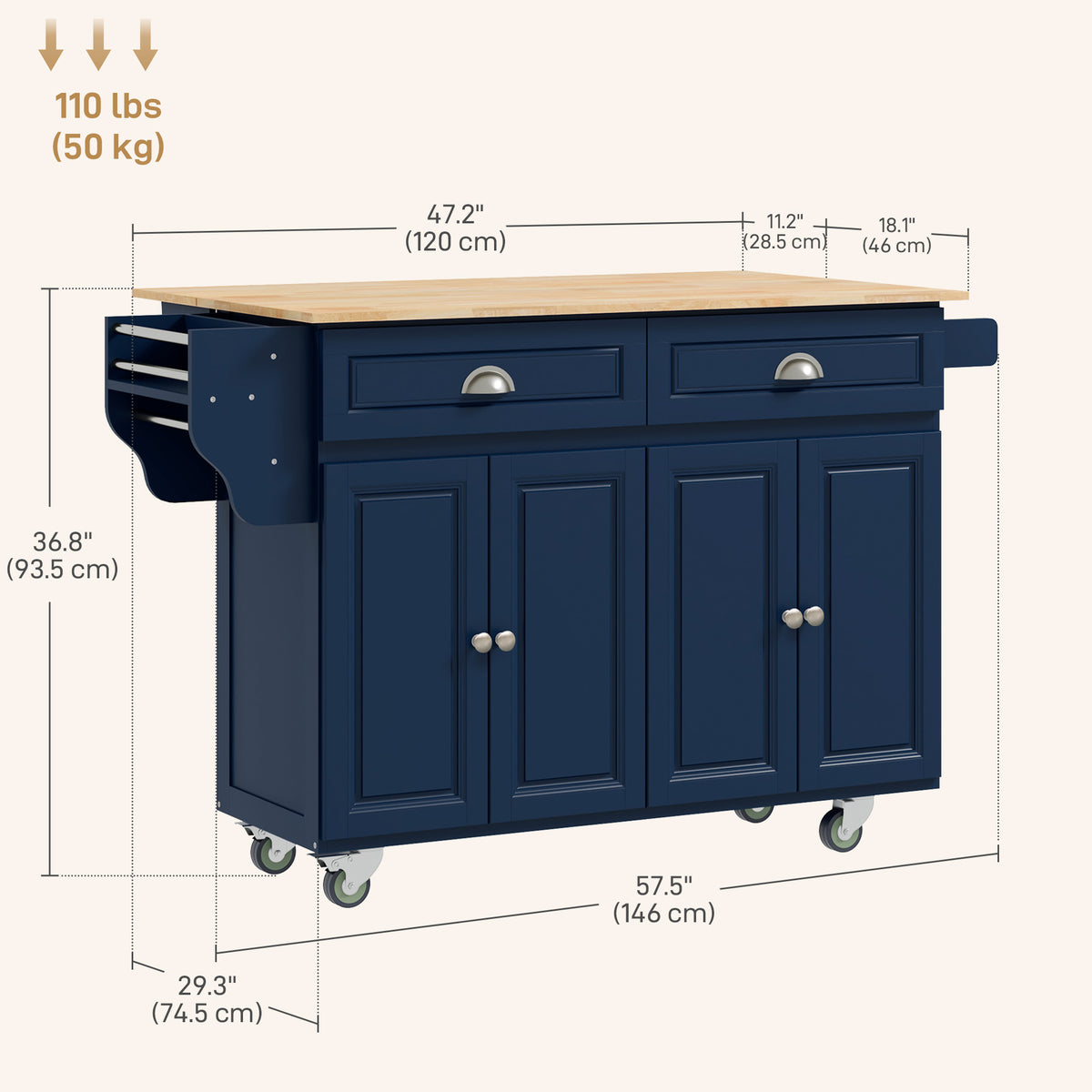 Kitchen Island with Storage, Rolling Kitchen Island with Drop Leaf, Rubber Wood Top and Adjustable Shelves, Navy Blue
