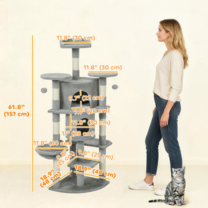 62" Cat Tree with Scratching Post, 2 Condos, Hammock, Perches, Plush, Pompoms, for Indoor Cats, Beige – view 16