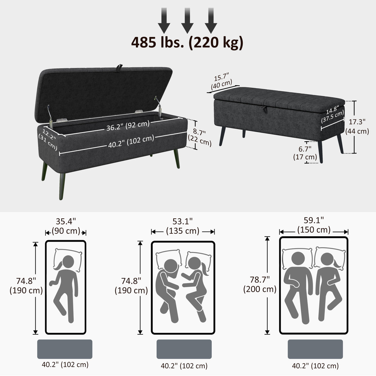 40" Ottoman with Storage, Linen Upholstered Storage Ottoman Bench with Steel Legs for Living Room, Bedroom Black