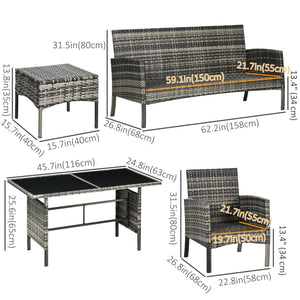 6-Piece Outdoor Patio Furniture Set with Chairs, Ottomans, Sofa, Glass Top Coffee Table and Cushions, Wicker Rattan Conversation Set for Backyard and Porch, Grey