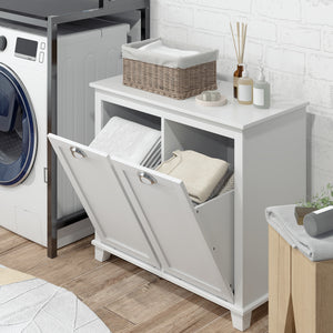 Tilt-Out Laundry Storage Cabinet, Bathroom Storage Organizer with Two-Compartment Tilt Out Hamper, White